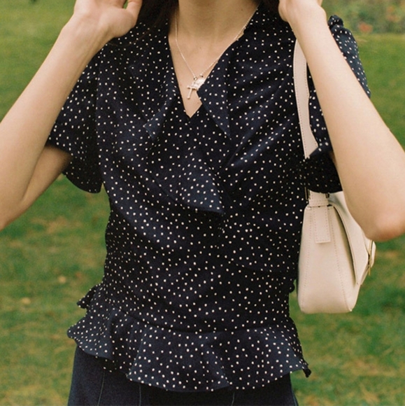 Korean Raive Ruffled Wrap Blouse Sz S - Picture 2 of 10